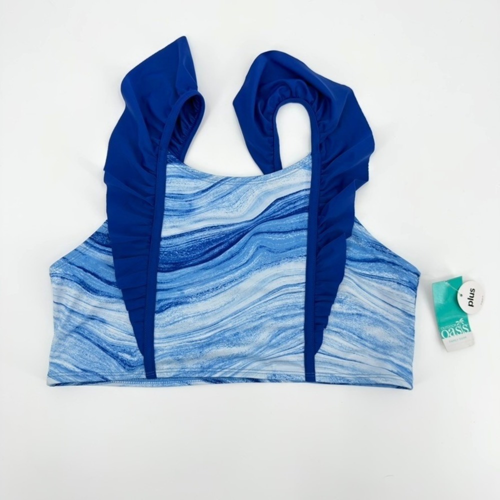 Outdoor Oasis Girls Plus 2XL Blue Marble Ruffle Shoulder Swim Bikini Top NWT
